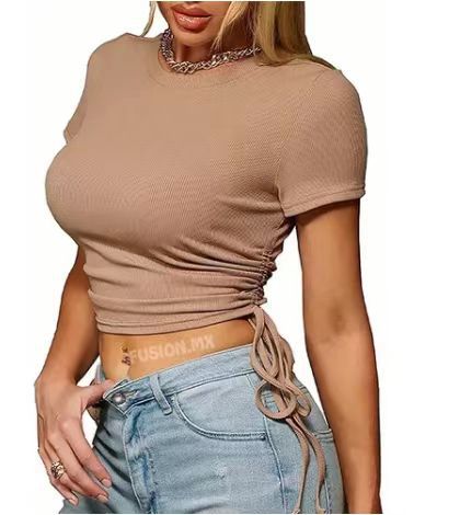 Damen trendiges Cropped T-Shirt mit Raffung und Bändchen R&B