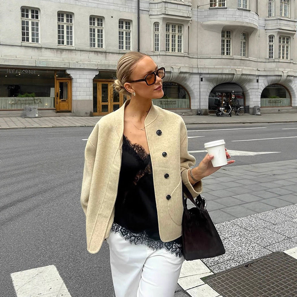 Damen lässige Wolljacke mit Knopfdetails und voluminösen Ärmeln R&B