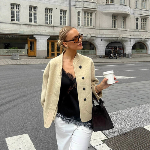 Damen lässige Wolljacke mit Knopfdetails und voluminösen Ärmeln R&B
