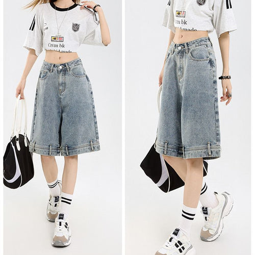 Damen klassische Denim-Shorts mit weitem Bein R&B