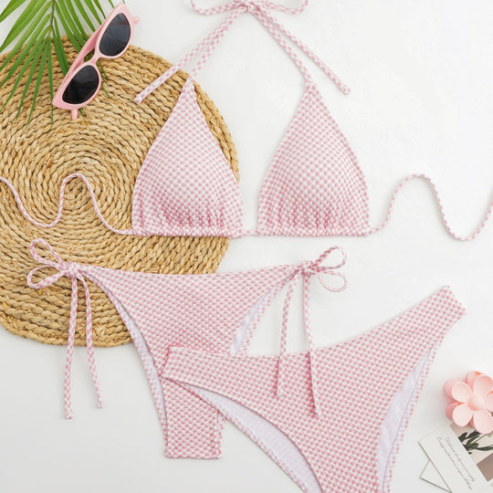 Damen Triangel-Bikini-Set mit verstellbaren Trägern und klassischem Karomuster R&B
