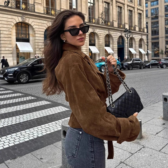 Damen Modische Wildlederjacke mit Gürtel und tailliertem Schnitt R&B