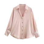 Damen nan oversized Satinbluse mit Hemdkragen, verlängerten Manschetten und abgerundetem Saum R&B