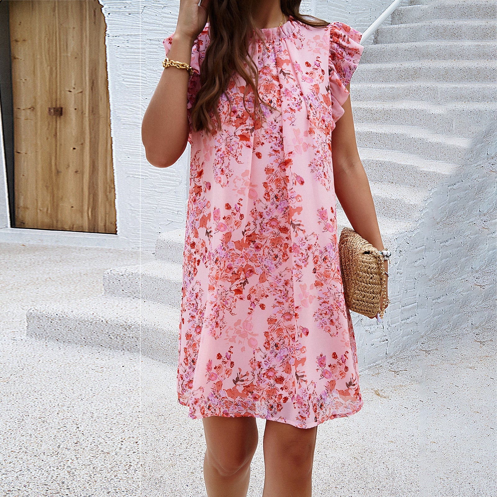 Damen Freizeitliches Blumenmuster Sommerkleid mit Rüschendetails R&B
