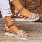 Damen Wedge-Sandalen mit dekorativem Textilband und modischem Absatz R&B