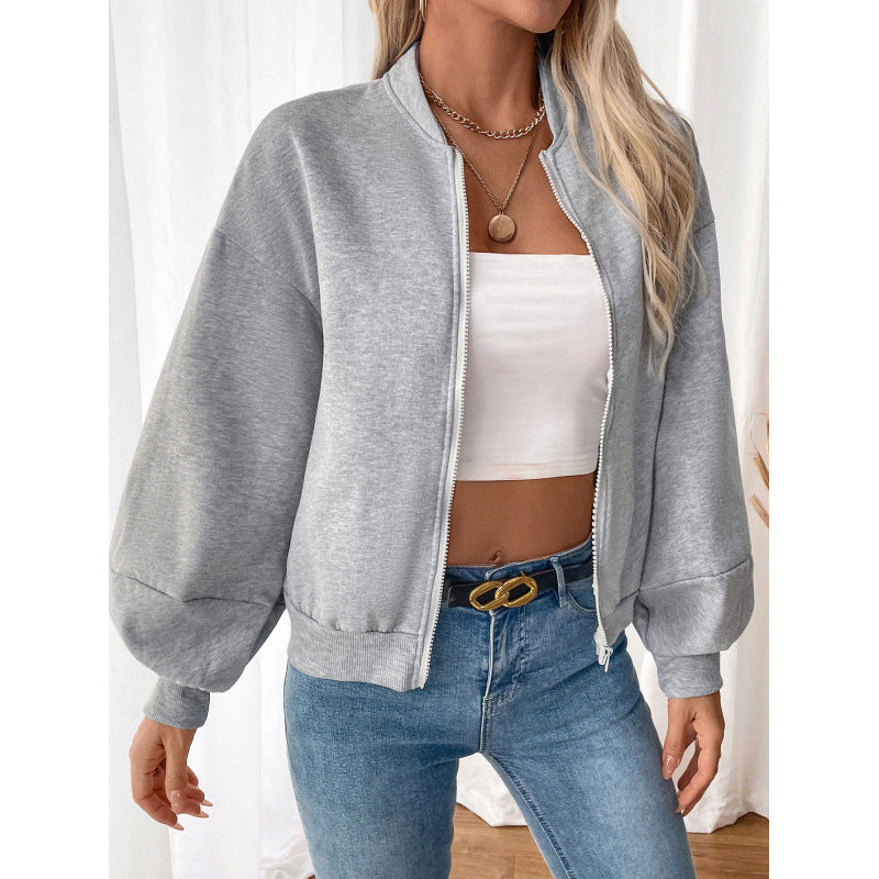 Damen sportliche Sweatjacke mit voluminösen Ärmeln und hohem Kragen R&B