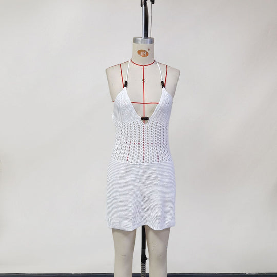Damen gehäkeltes Strandkleid mit tiefem V-Ausschnitt und herausragenden Details R&B