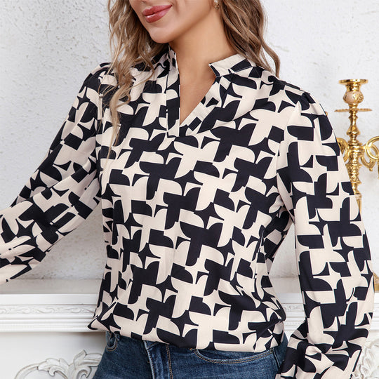 Damen Bluse mit modernem geometrischem Muster und eleganten Rüschendetails R&B