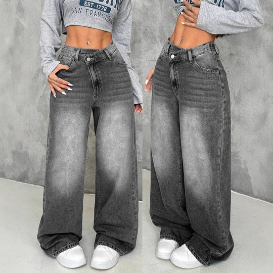 Damen Weite Jeans mit tiefem Schritt und angesagtem Used-Look R&B