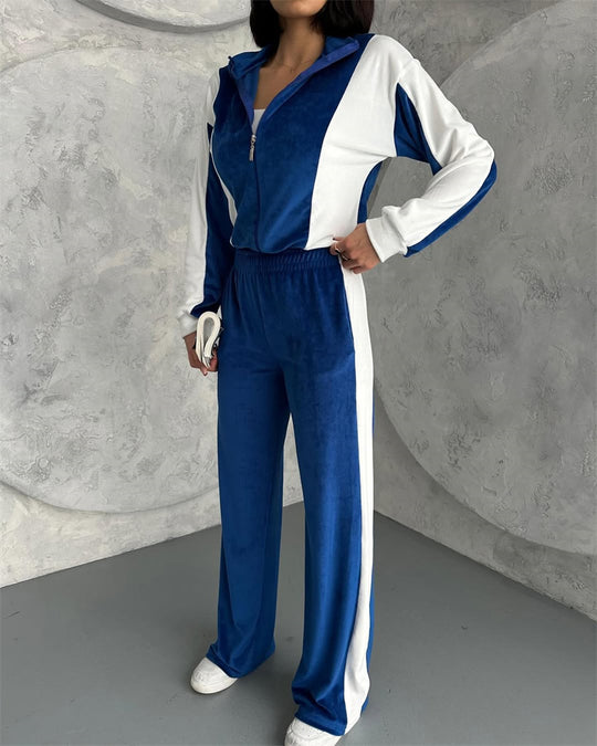 Damen sportlicher Velours Jogginganzug mit Reißverschluss und seitlichen Streifen R&B