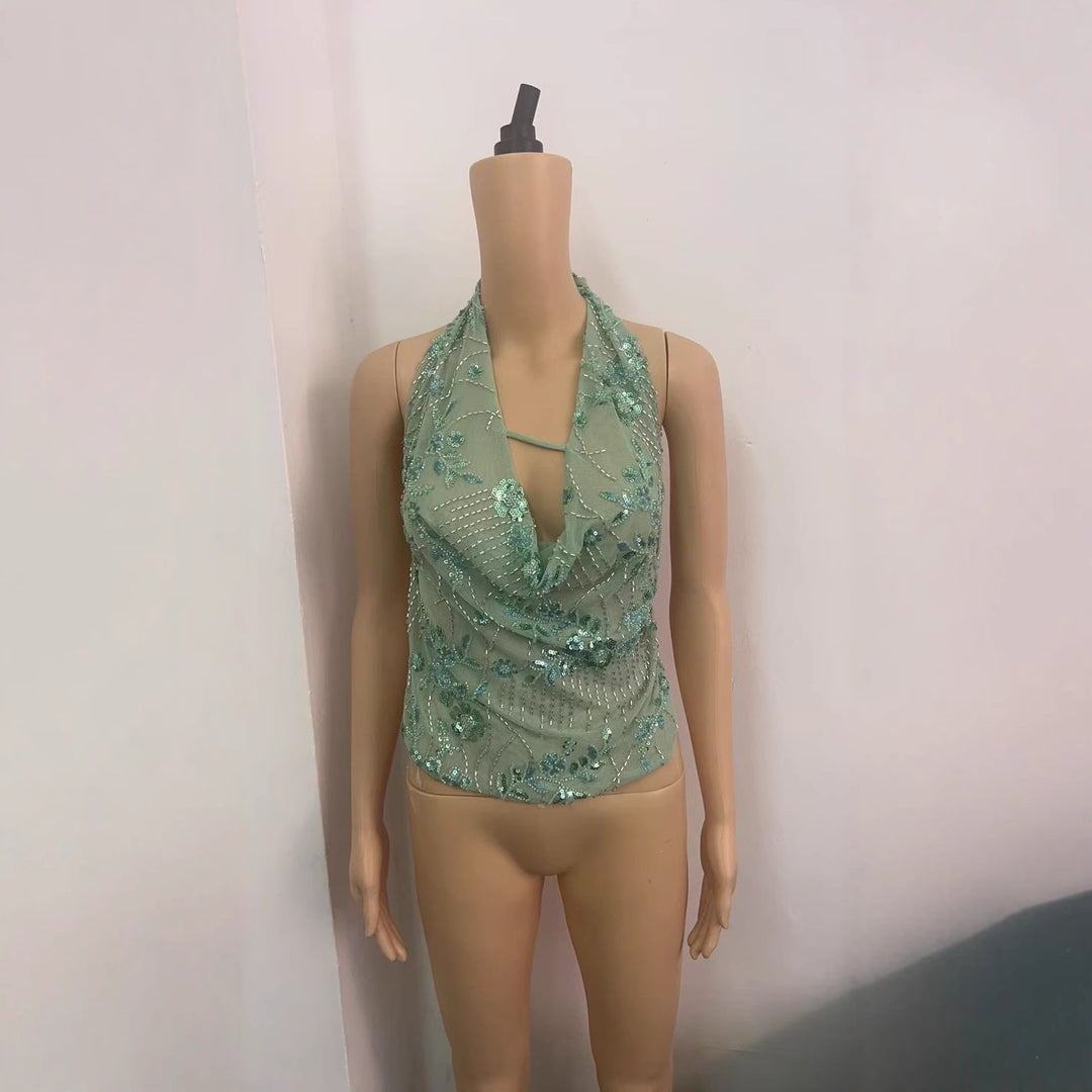 Damen Glitzerndes Spaghetti-Trägeroberteil mit floralen Applikationen und tiefem Ausschnitt R&B