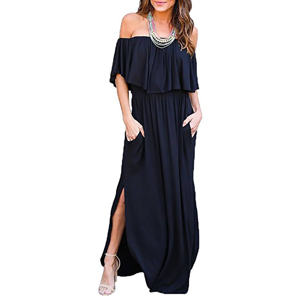 Damen Maxikleid mit schulterfreiem Design und Rüschendetail R&B