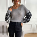 Damen Strickpullover mit modischem Leopardenmuster an den Ärmeln