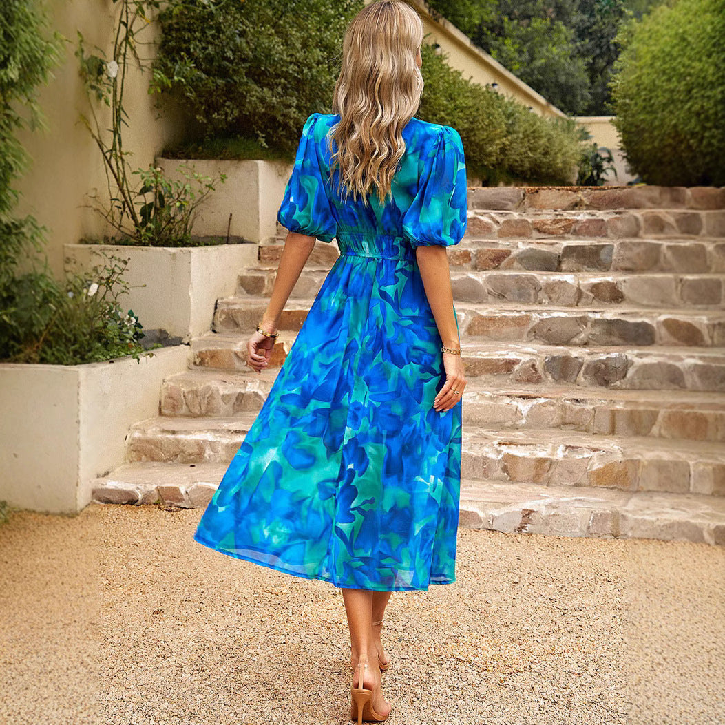 Damen Maxikleid mit Blumenmuster und eleganten Puffärmeln R&B