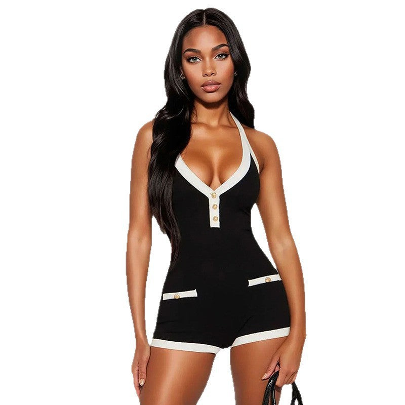 Damen Modischer Overall mit tiefem V-Ausschnitt und Knopfdetails R&B