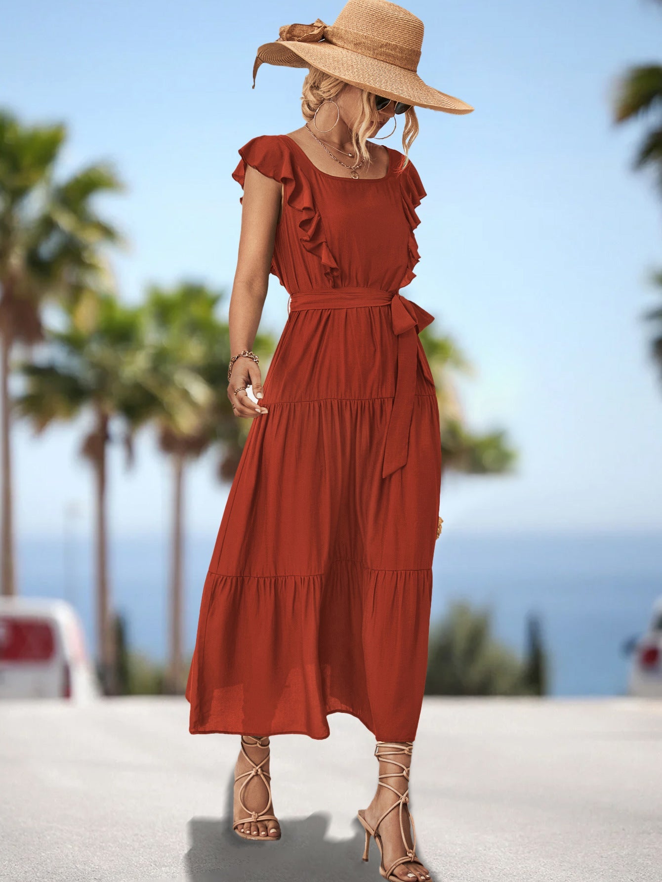 Damen Maxikleid mit Rüschendetails und tailliertem Gürtel R&B