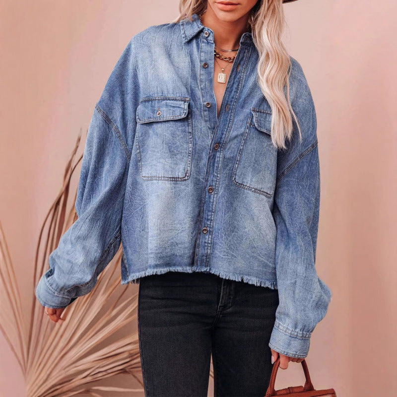 Damen Lässige Denimbluse mit Fransen und aufgesetzten Taschen R&B