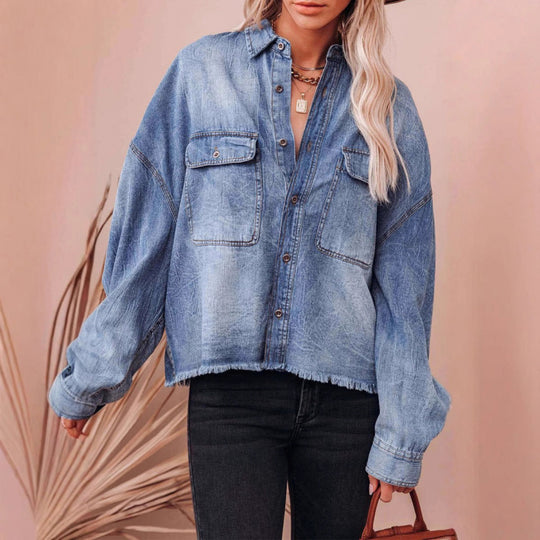 Damen Lässige Denimbluse mit Fransen und aufgesetzten Taschen R&B