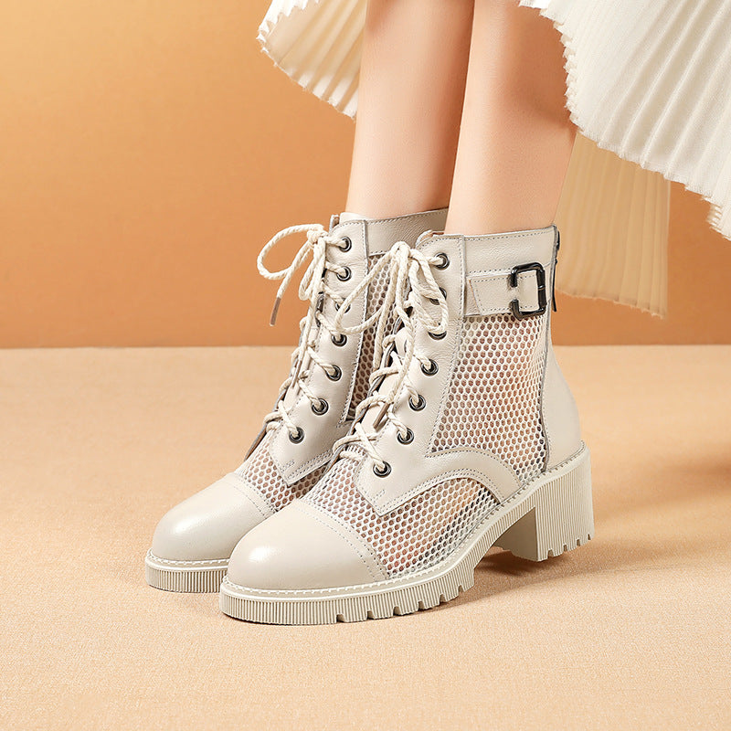 Damen modische Schnürstiefeletten mit modernem Netzdesign und robustem Blockabsatz R&B