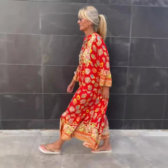Damen nan luftiges Kaftan‑Midikleid mit folkloreinspiriertem Bordürenprint, V‑Ausschnitt, Quastenbändern und Volantglockenärmeln R&B