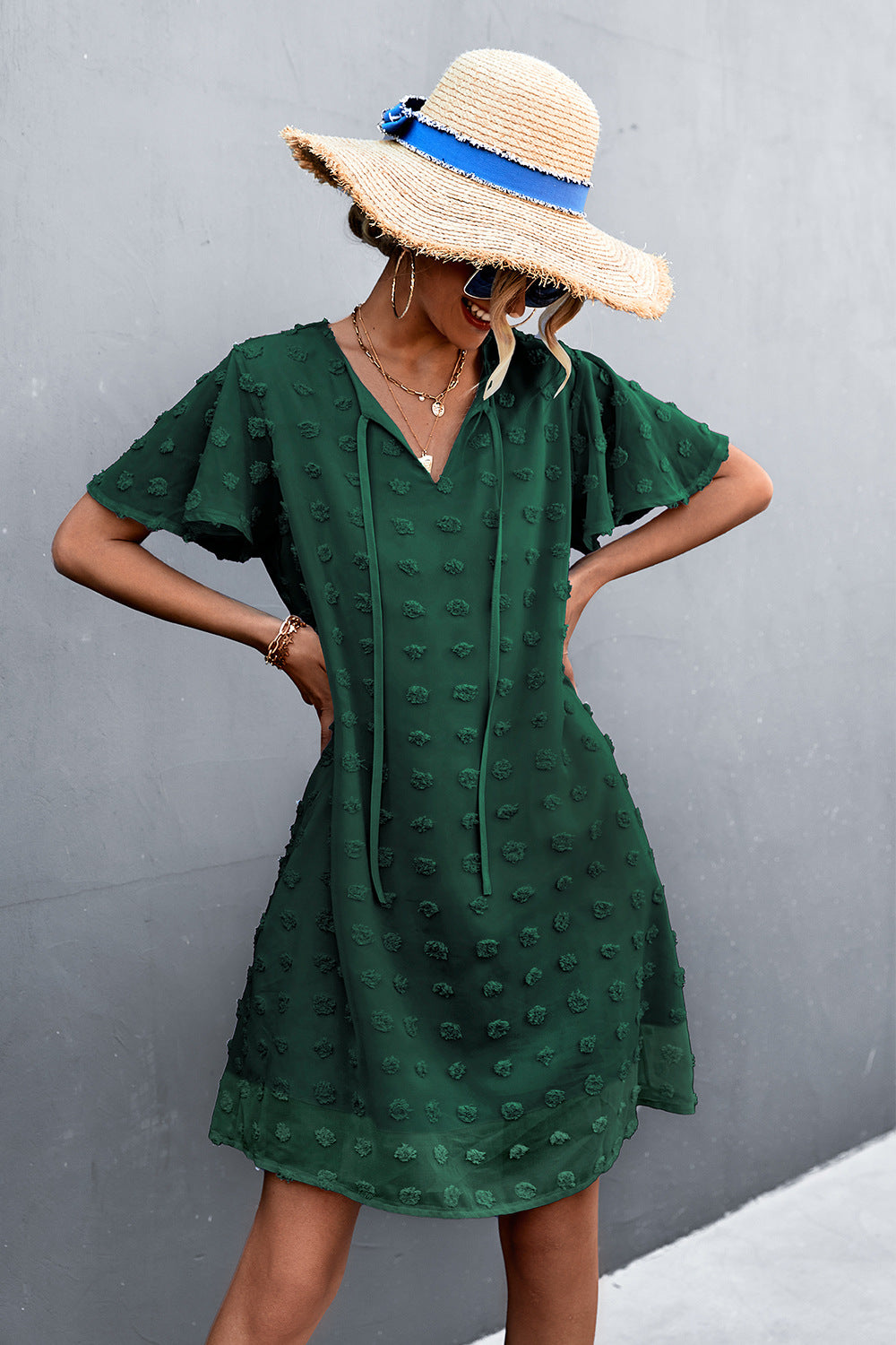 Damen Freizeitkleid mit luftigen Puffärmeln und Rüschenakzenten R&B