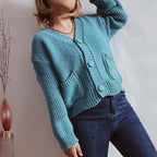 Damen lässige Strickjacke mit tiefem V-Ausschnitt und praktischen Taschen R&B