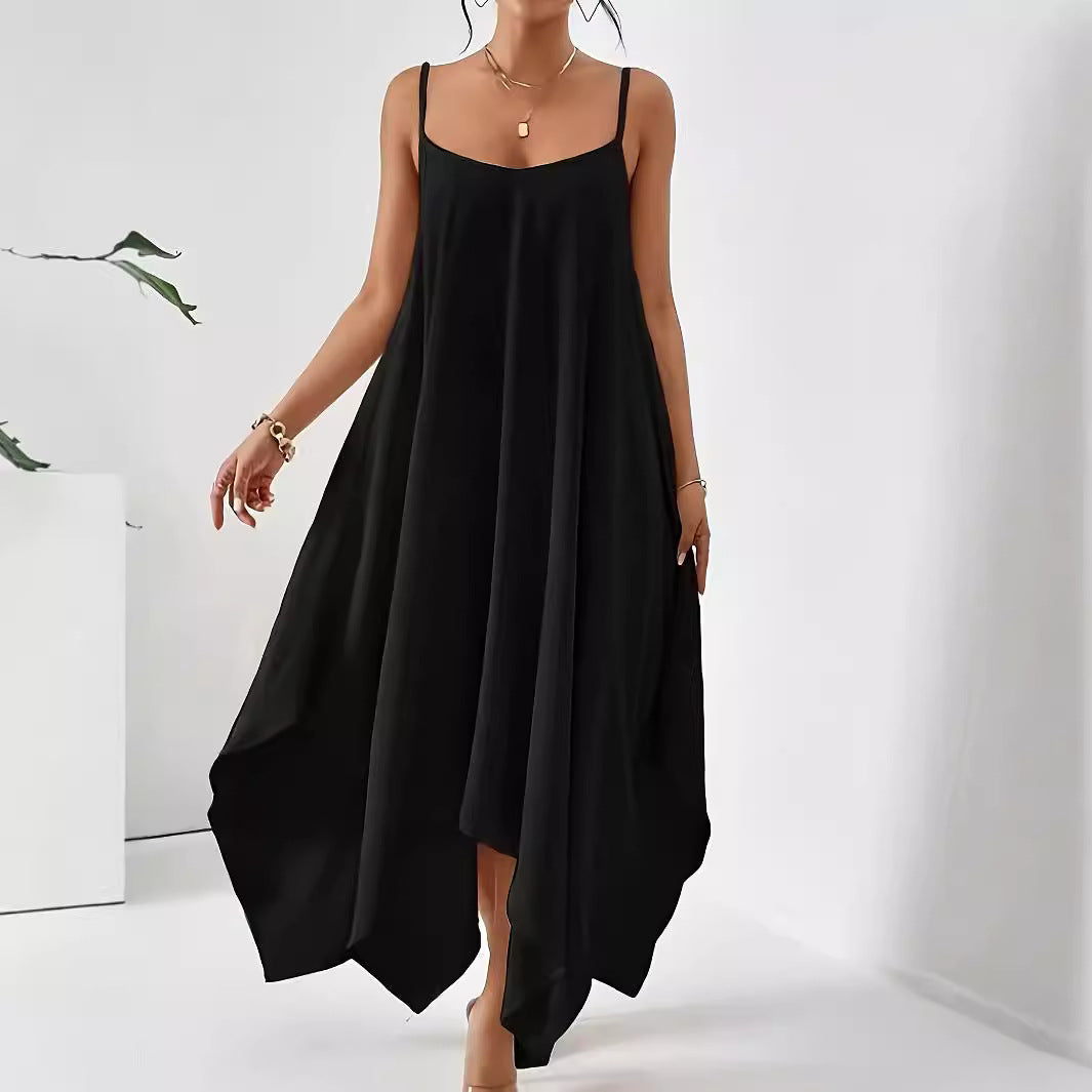Damen luftiges Maxikleid mit asymmetrischem Saum und feinen Spaghettiträgern R&B