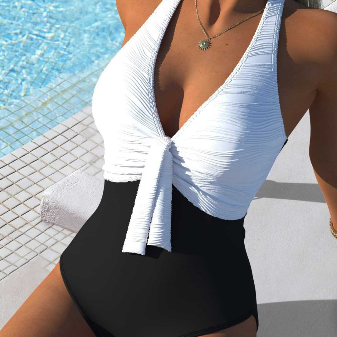 Damen Einteiler Badeanzug mit raffiniertem Wickeldetail und hohem Bund R&B