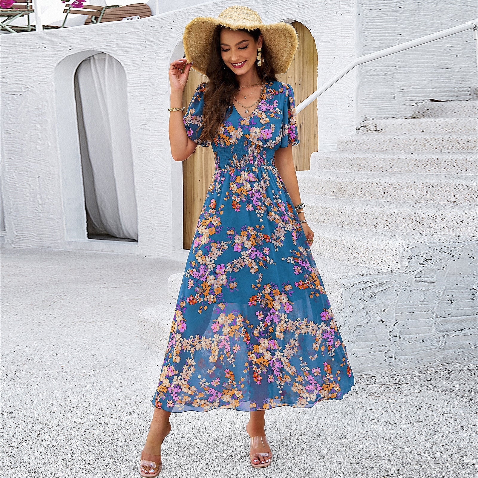 Damen Maxikleid mit schwingendem Rock und romantischem Blumenmuster R&B