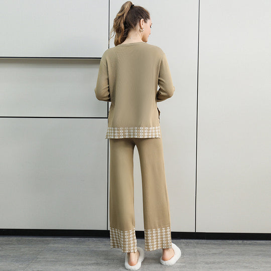 Damen stilvolles Strick-Loungewear-Set mit dekorativen Kontrastabschlüssen R&B