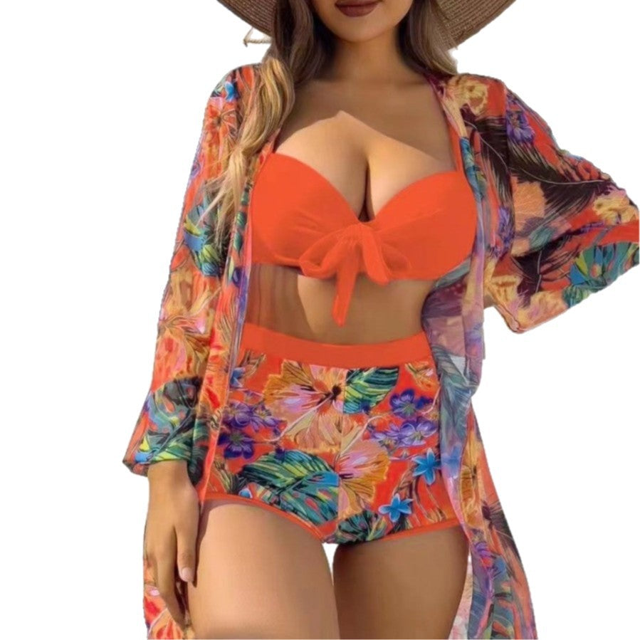 Damen Hochtailliertes Bikini-Set mit floralem Design und Bändchen R&B