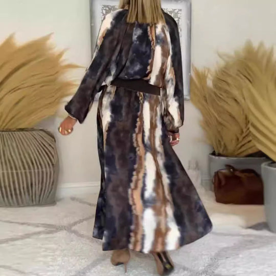 Damen Maxikleid mit künstlerischem Farbverlauf und eleganten langen Ärmeln Heidi-Mode