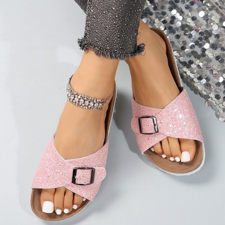 Damen Glitzernde Slides mit verstellbarem Schnallen-Design R&B