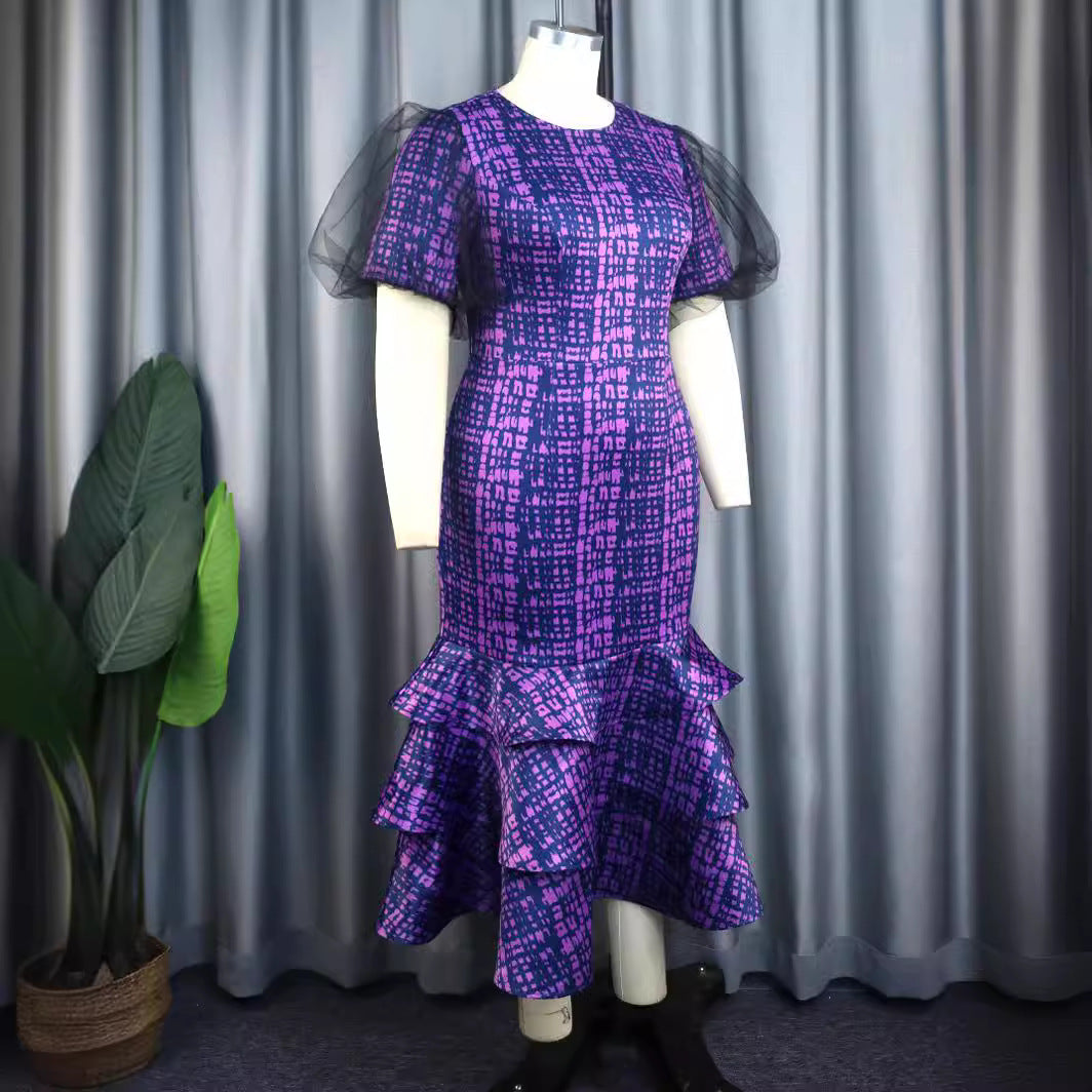 Damen elegantes Abendkleid mit voluminösen Rüschenärmeln und strukturiertem Rock R&B