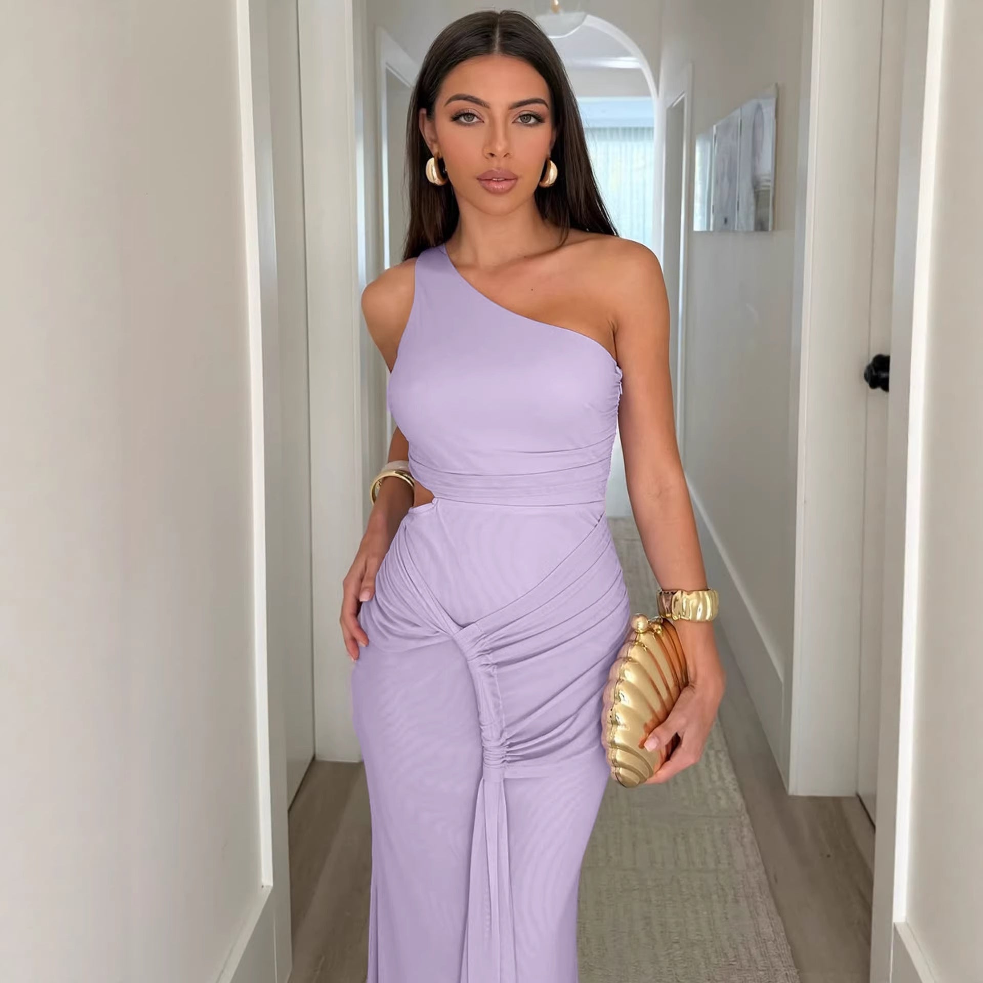 Damen stilvolles Wickelkleid mit asymmetrischem Ausschnitt und Rüschendetails R&B