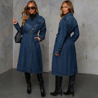 Damen Denim Trenchcoat mit Gürtel und praktischen Taschen R&B