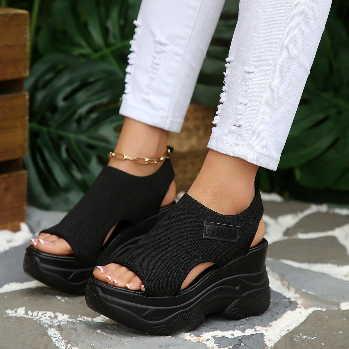 Damen Plattform-Sandalen mit atmungsaktivem Strickmaterial