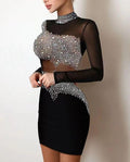 Damen elegantes Minikleid mit transparenten Ärmeln und Strassverzierungen R&B