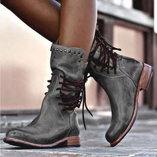 Damen Lederstiefel mit Schnürung und Nieten R&B