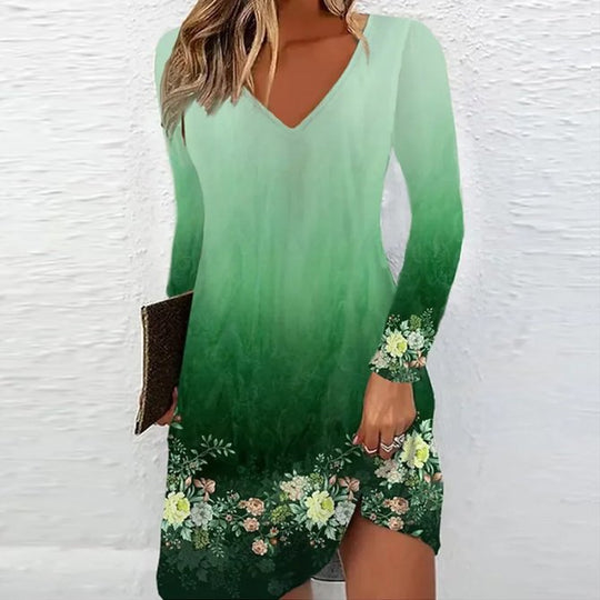 Damen V-Ausschnitt Kleid mit floralen Akzenten und langen Ärmeln R&B