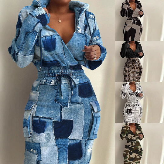 Damen lässiges Set mit modernem Zeitungsdruck R&B