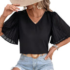 Damen Kurzarm Bluse mit plissierten Ärmeln und V-Ausschnitt R&B