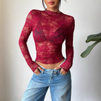 Damen nan figurbetontes transparentes Spitzen-Crop-Top mit hochgeschlossenem Kragen und integrierter Bustier-Form R&B