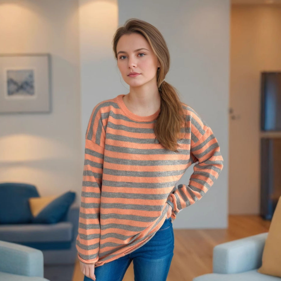 Damen lässiger Oversize-Pullover mit breiten Streifen R&B