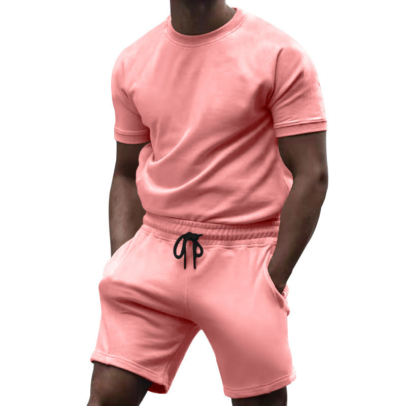 Herren nan kurzärmeliges Sweat-Set aus weichem Sweatstoff mit Rundhalsshirt und Kordelzug-Shorts R&B