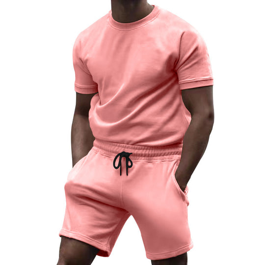 Herren nan kurzärmeliges Sweat-Set aus weichem Sweatstoff mit Rundhalsshirt und Kordelzug-Shorts R&B