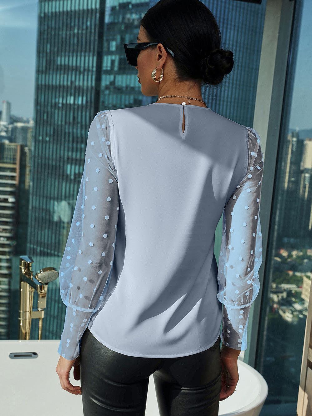 Damen Bluse mit transparenten Puffärmeln und Punkten R&B