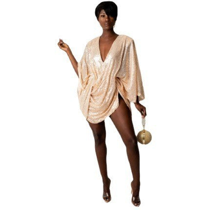 Damen Glitzerndes Kaftan Kleid mit tiefem V-Ausschnitt und voluminösen Ärmeln R&B