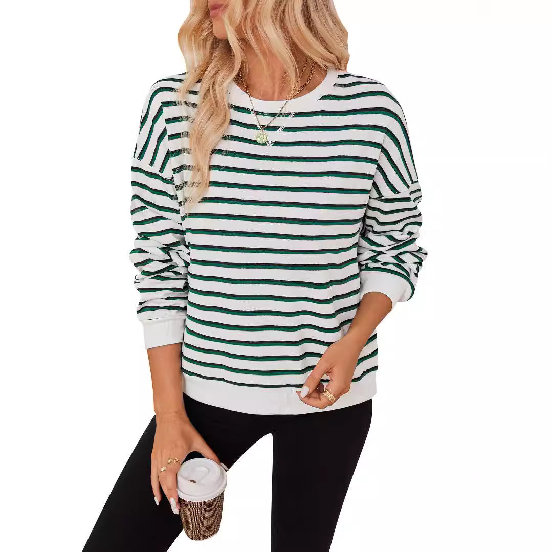 Damen lässiger Sweatshirt mit modernem Streifenmuster und Rundhalsausschnitt R&B