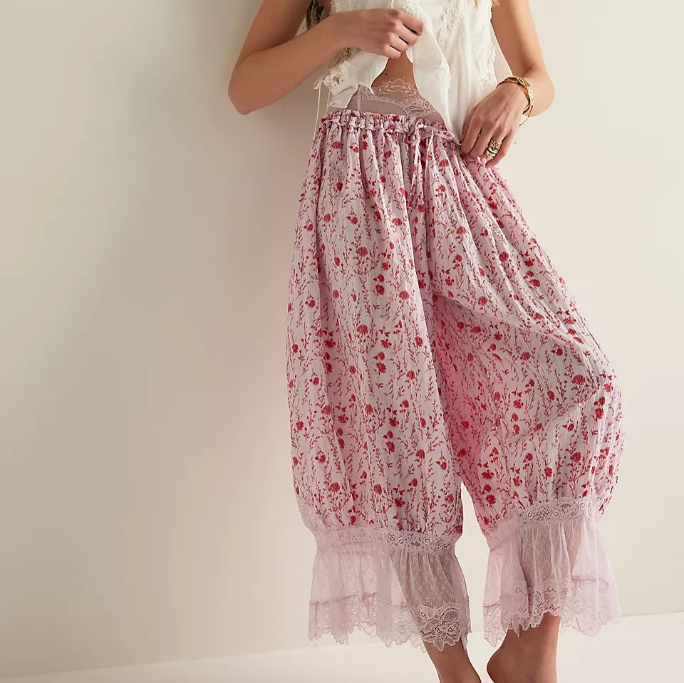 Damen Blumenmuster Hose mit Spitzenabschlüssen R&B